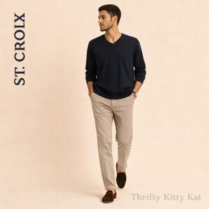 St Croix Knits 100% Merino Wool V Neck Pullover Sweater Dark Navy Vintage USA L